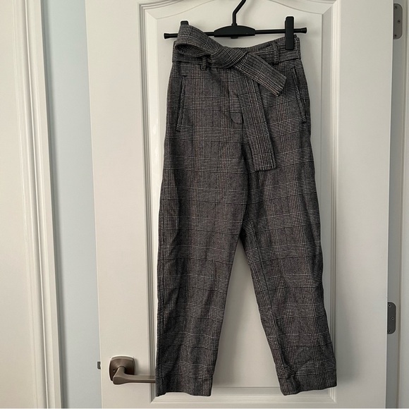 Aritzia Wilfred Dark Wool Houndstooth Plaid Tie Front Pants w/ Removable Belt - Picture 3 of 11